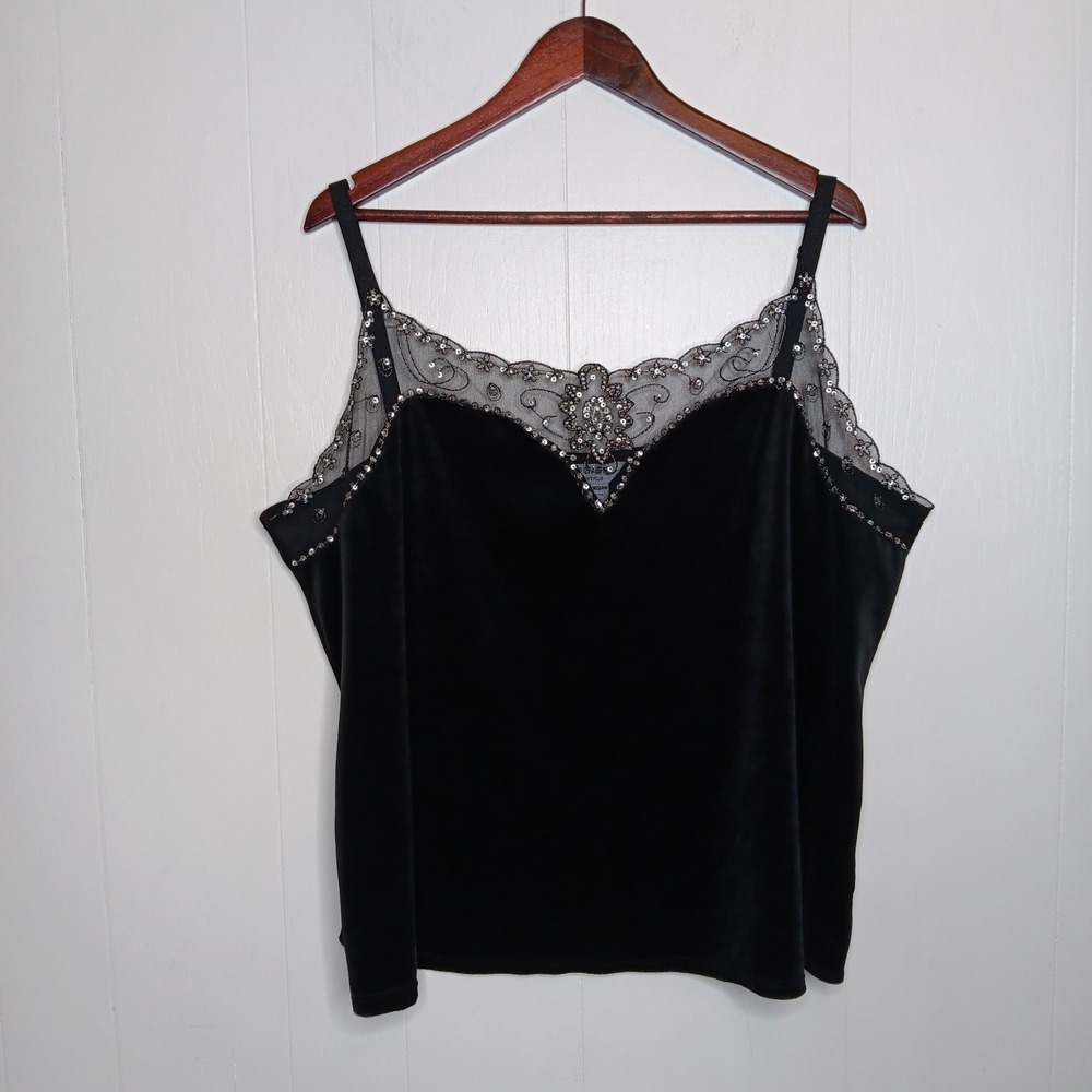 VTG Y2K George Velvet Cami Tank  22W/24W Black Beaded Mesh Trim Whimsigoth Witch